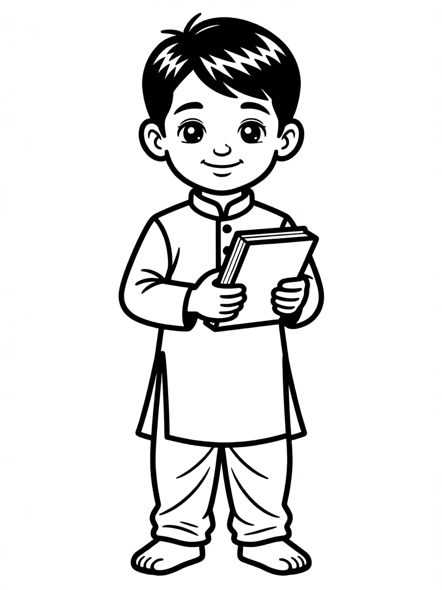 A Bangladeshi child in a simple green panjabi, with a small book.