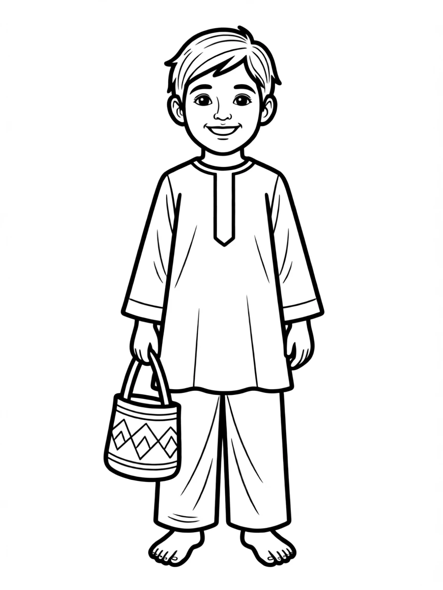 An Afghan child in a simple brown perahan tunban, with a small woven bag.