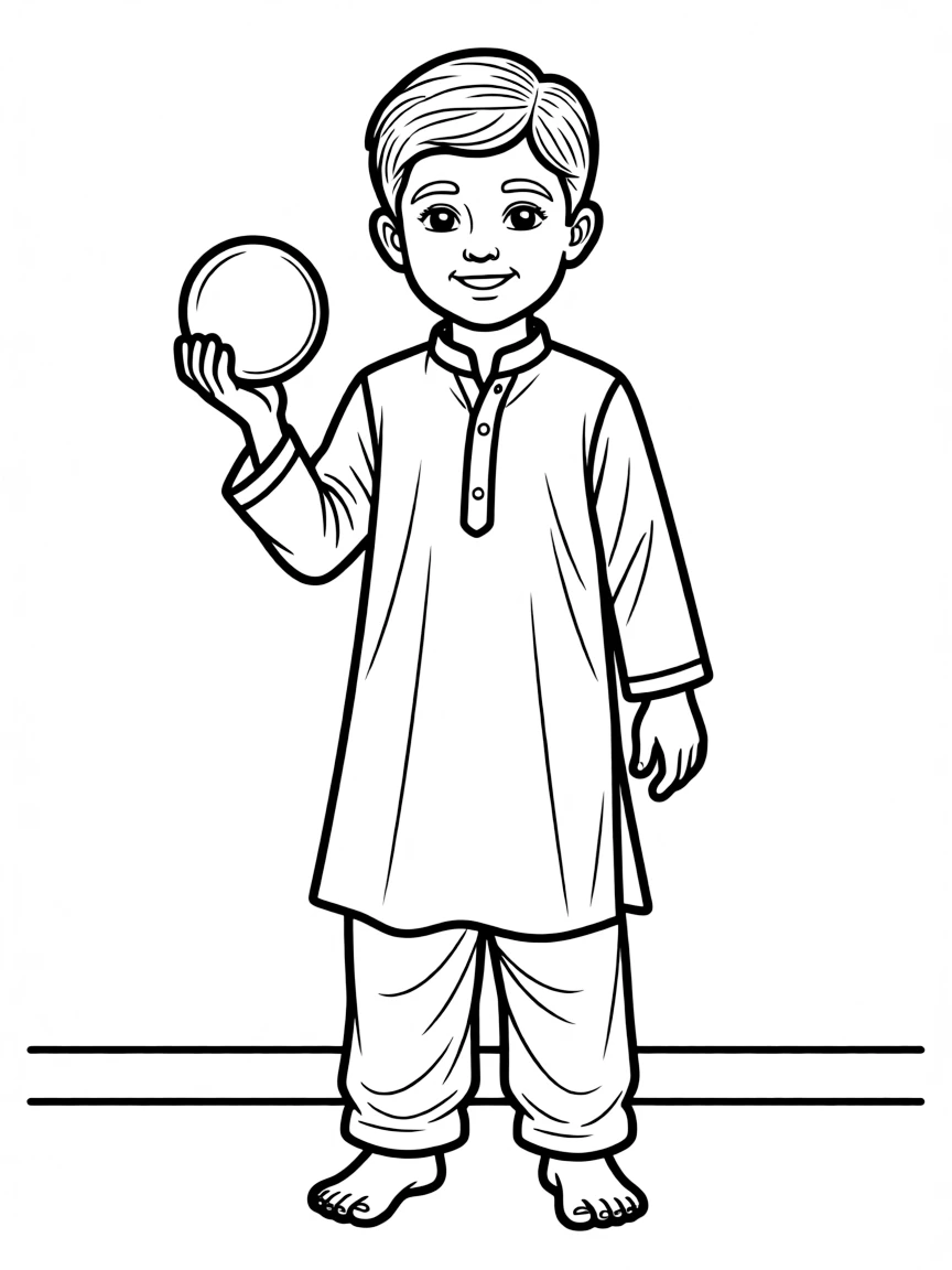 A Pakistani child in a simple white shalwar kameez, with a small ball.