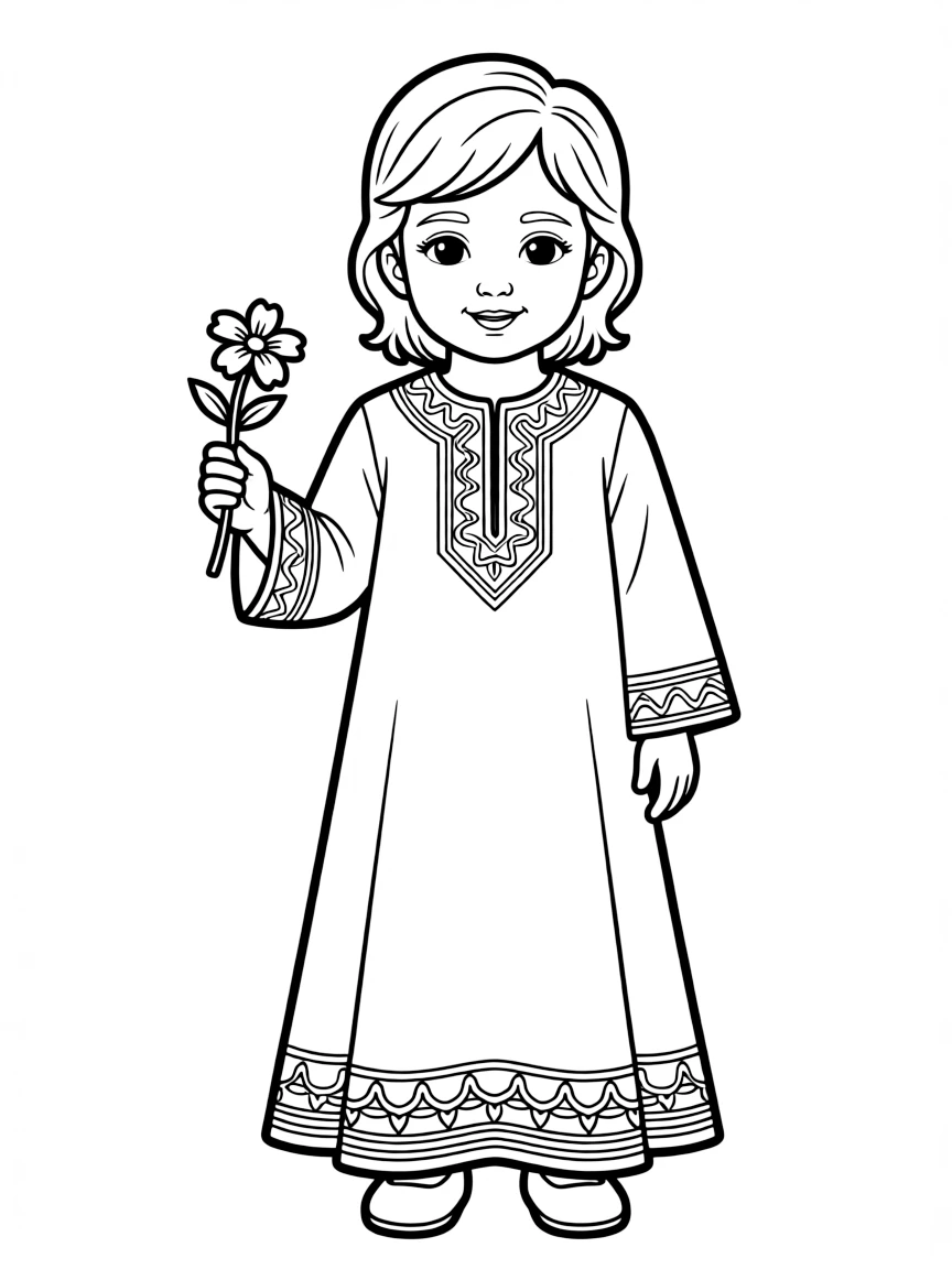 An Iranian child in a simple green traditional dress, with a small flower.