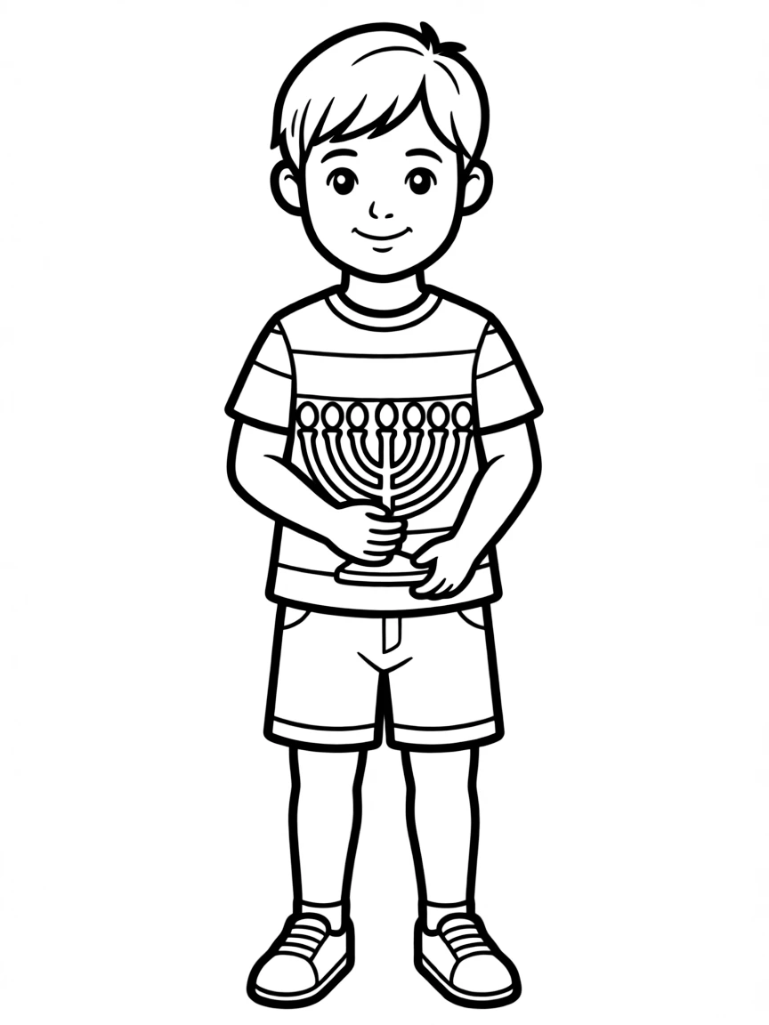 An Israeli child in a simple blue and white shirt, with a small menorah.