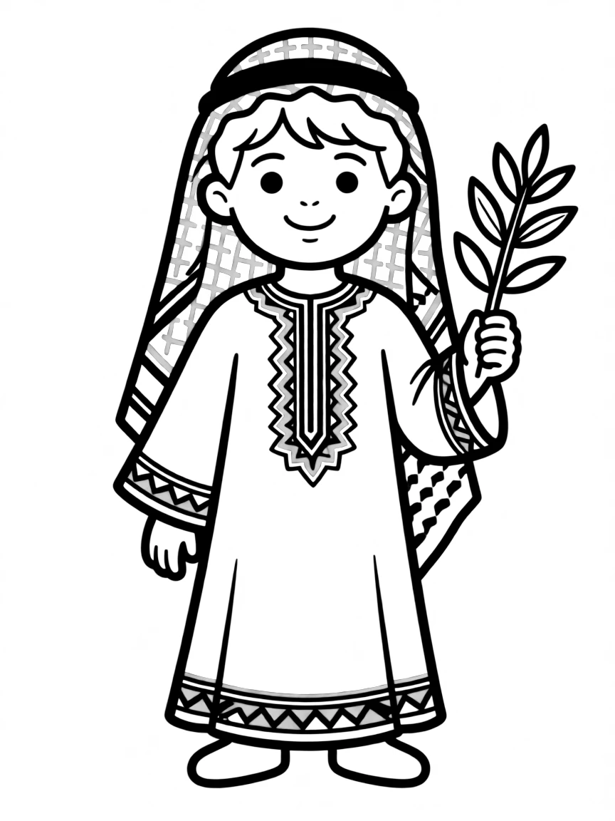 A Palestinian child in a simple red and black thobe, with a small olive branch.