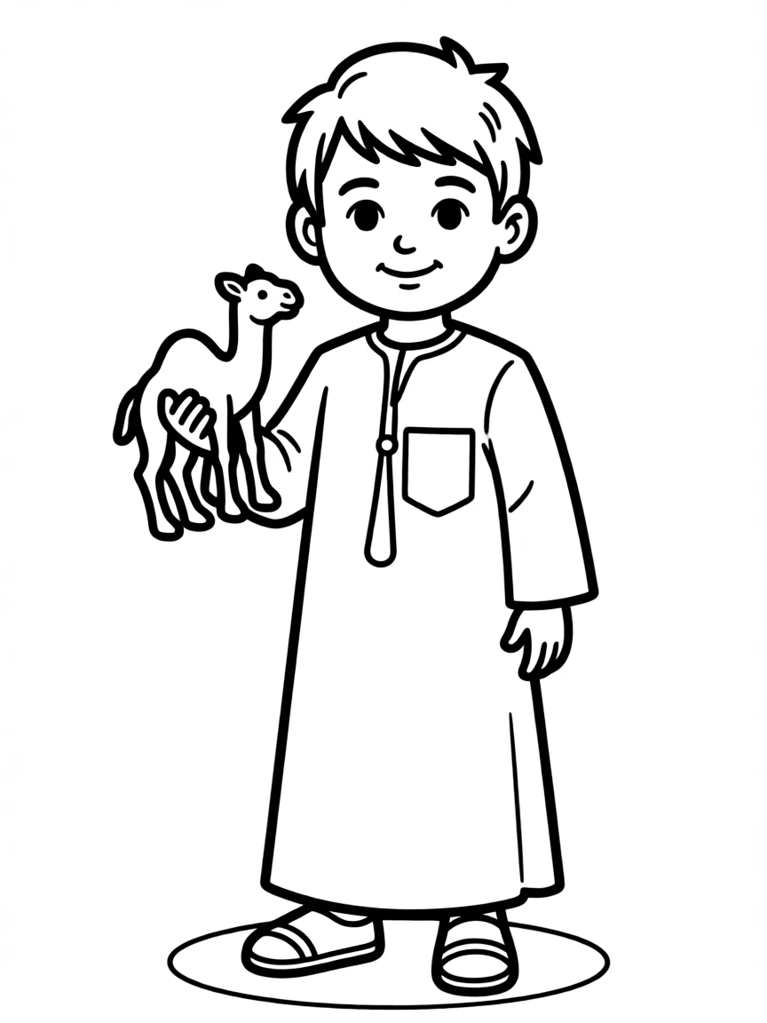 A Saudi Arabian child in a simple white thobe, with a small toy camel.