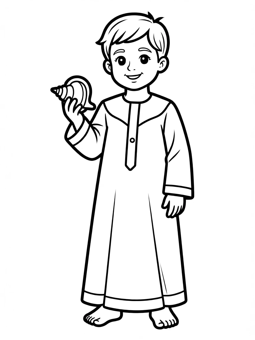An Omani child in a simple grey dishdasha, with a small seashell.
