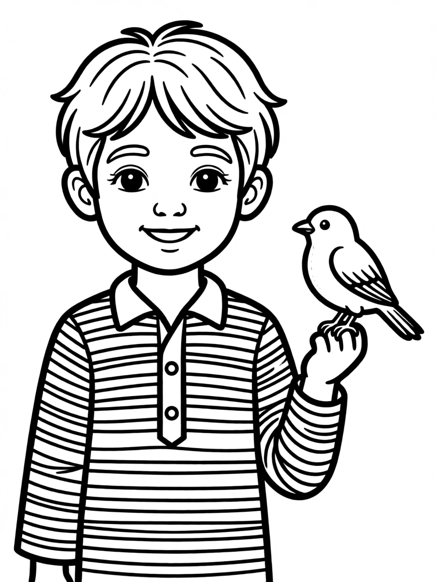 A Yemeni child in a simple striped traditional shirt, with a small bird.