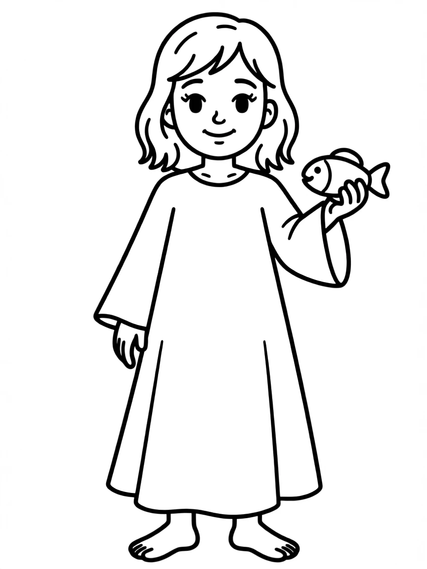An Iraqi child in a simple blue traditional dress, with a small toy fish.