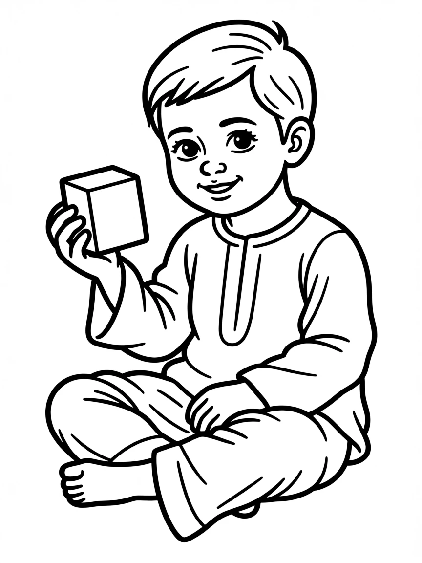 A Syrian child in a simple red traditional outfit, with a small building block.