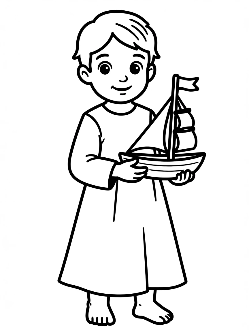 A Lebanese child in a simple green traditional dress, with a small toy boat.