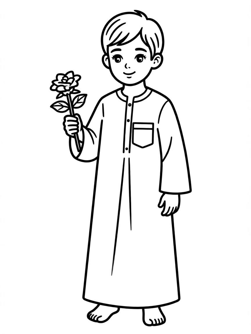 A Jordanian child in a simple black thobe, with a small desert rose.