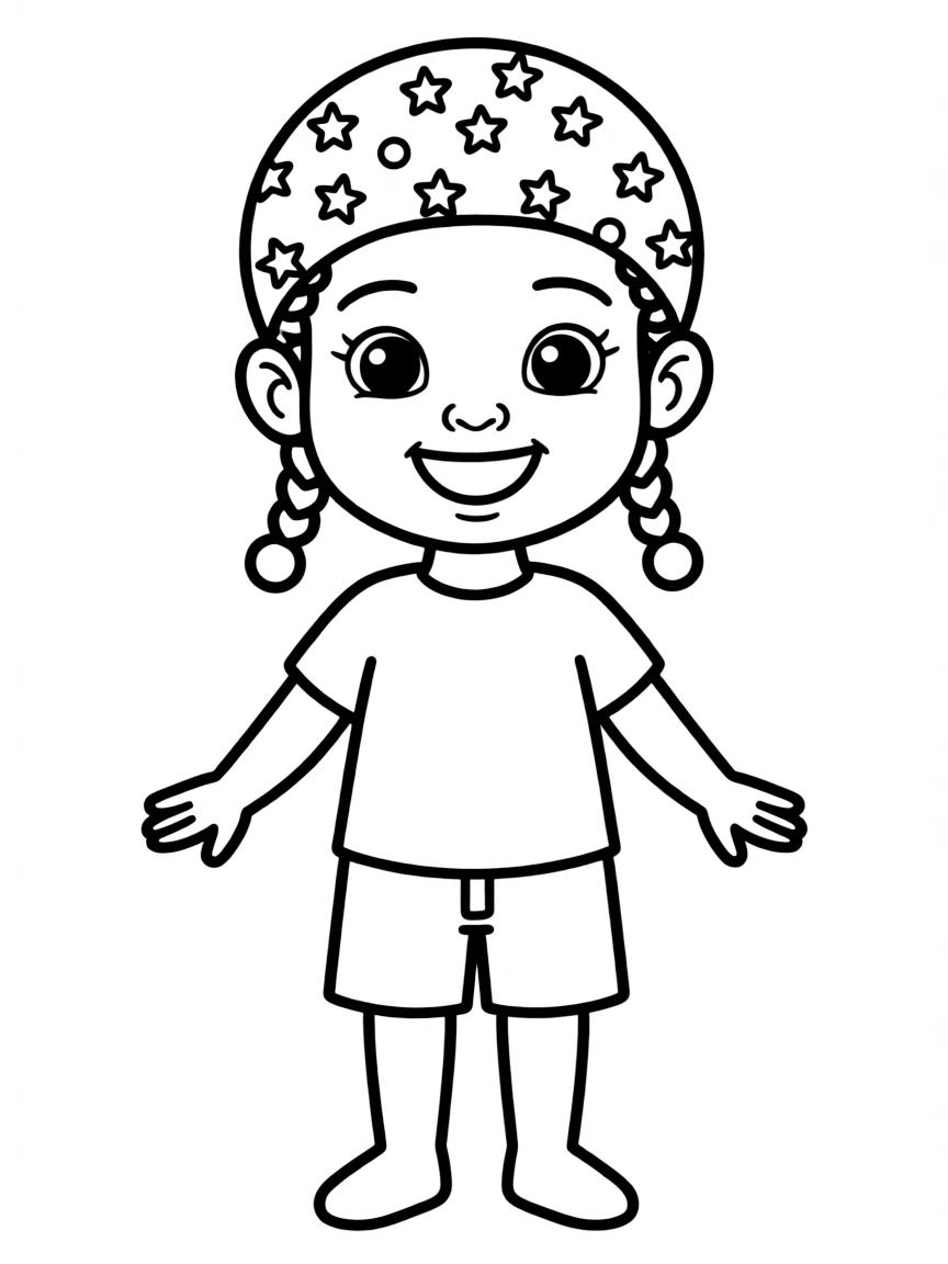 A smiling African girl with cornrows, wearing a simple patterned head wrap.