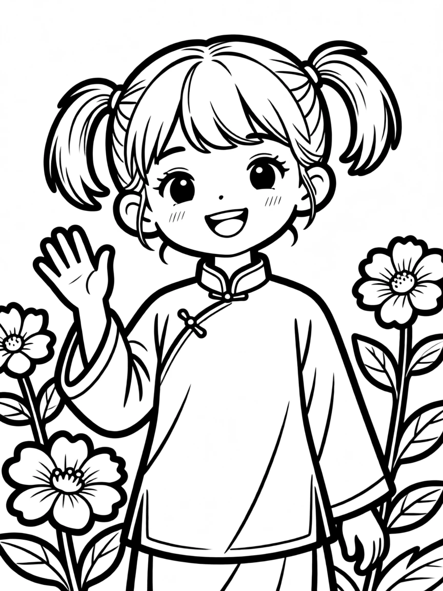A cheerful Chinese girl with pigtails, wearing a simple red silk tunic.