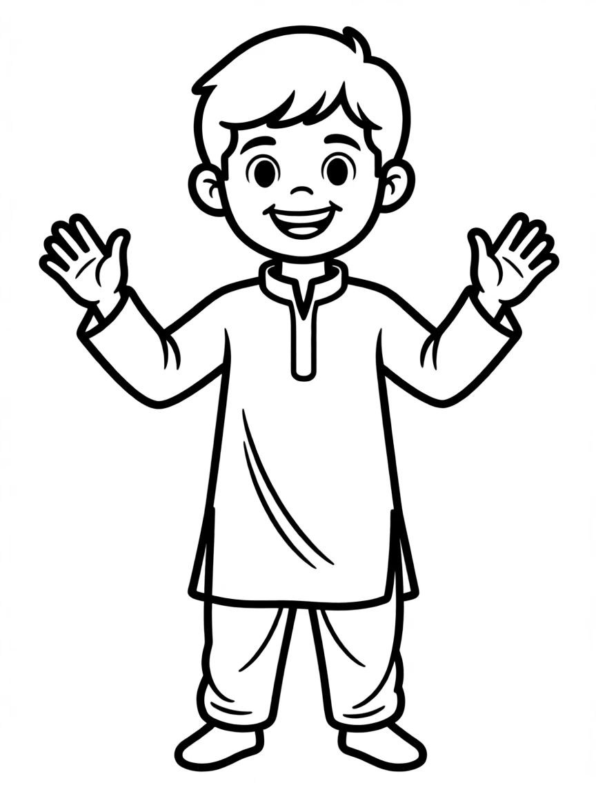 A joyful Indian boy with short hair, wearing a plain white kurta.