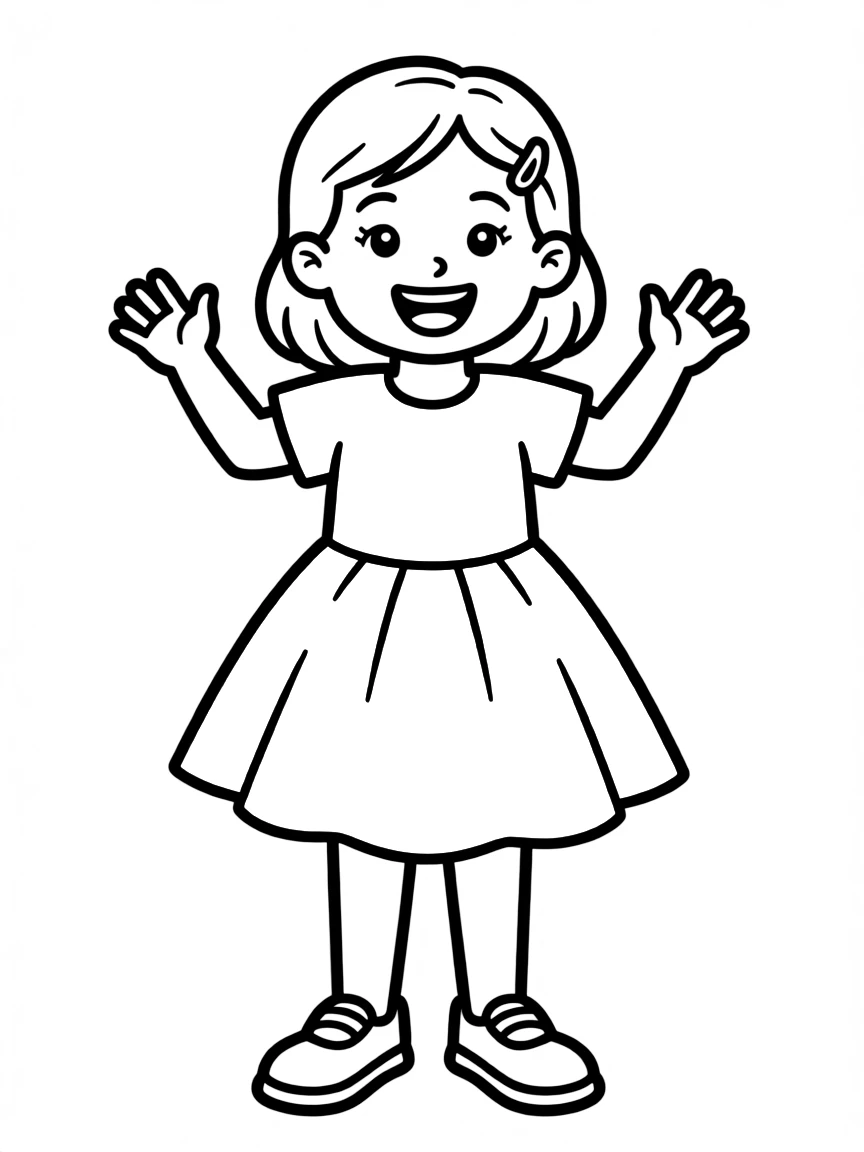 An excited Mexican girl with a simple hair clip, wearing a bright yellow dress.