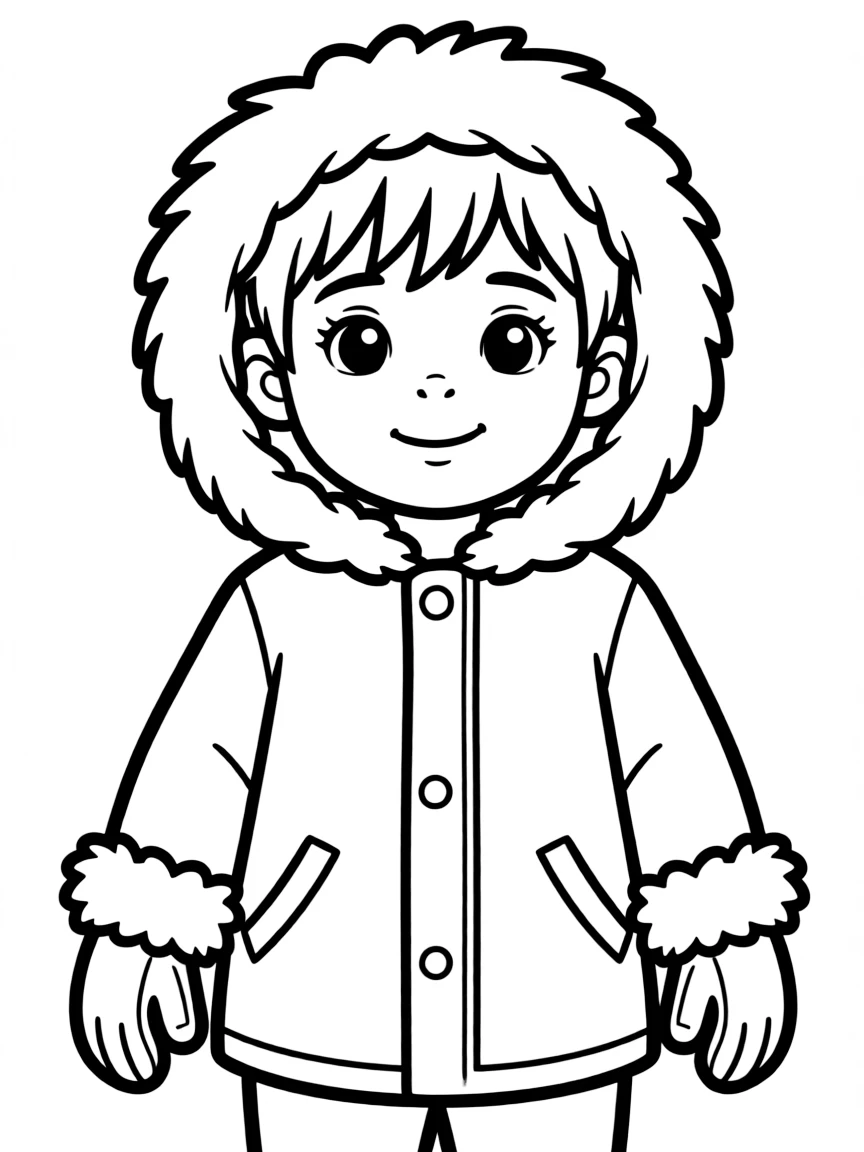 An Inuit boy with a warm hood, wearing simple fur-trimmed mittens.