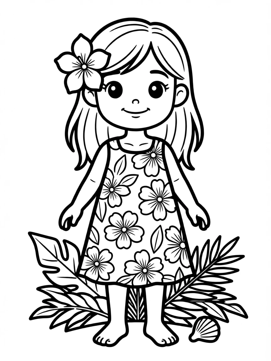 A Hawaiian girl with a single flower in her hair, wearing a simple floral print dress.