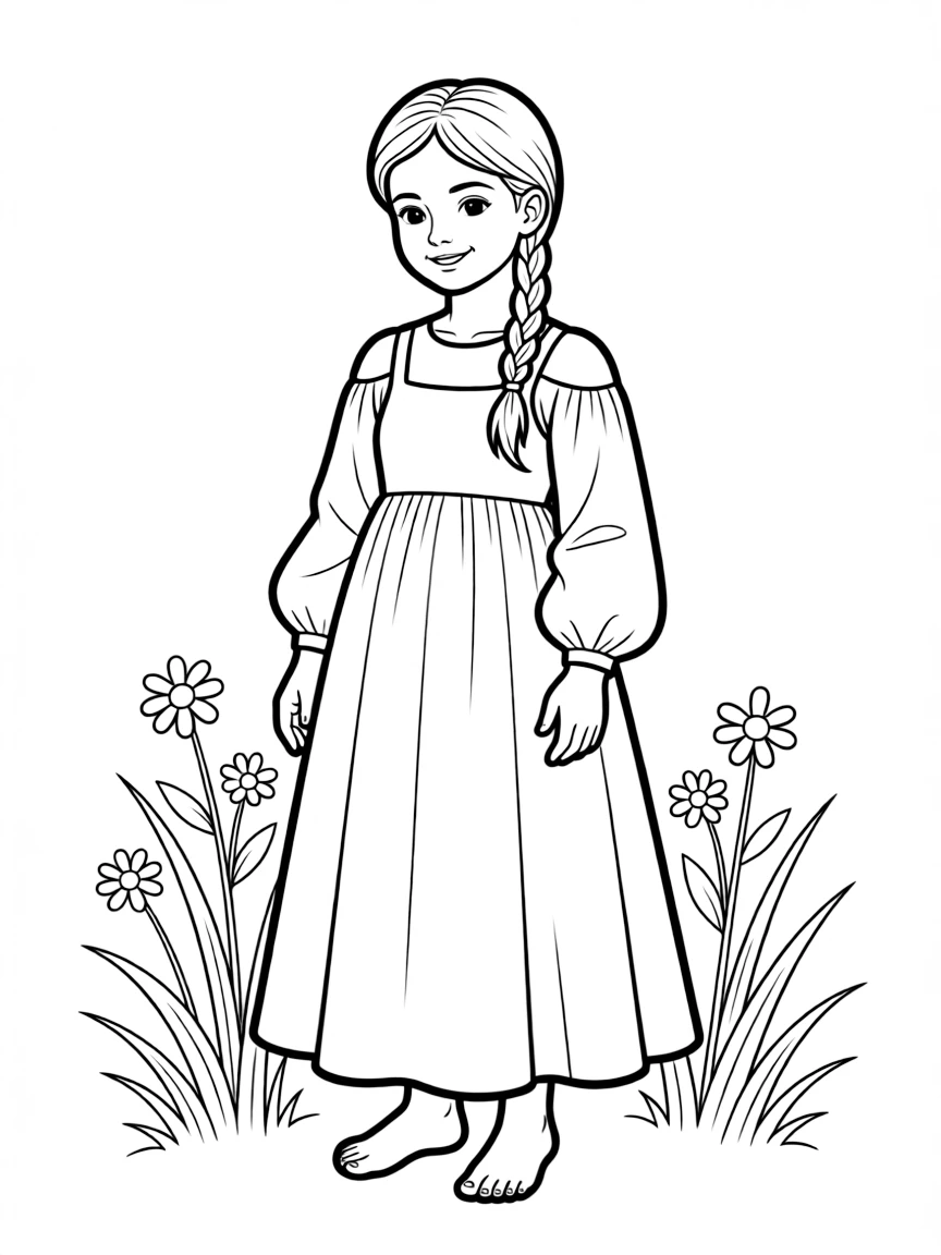 A Russian girl with a simple braid, wearing a plain blue sarafan.