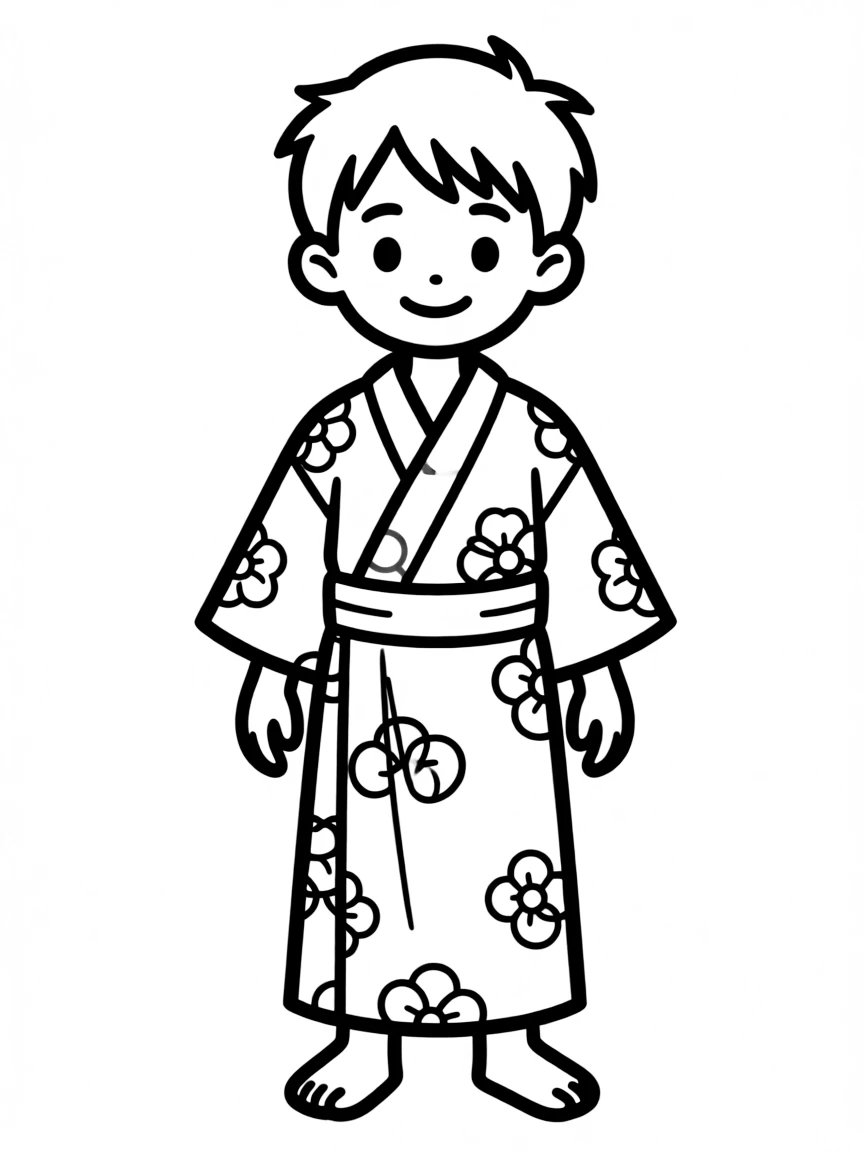 A Japanese boy with a simple haircut, wearing a plain blue yukata.