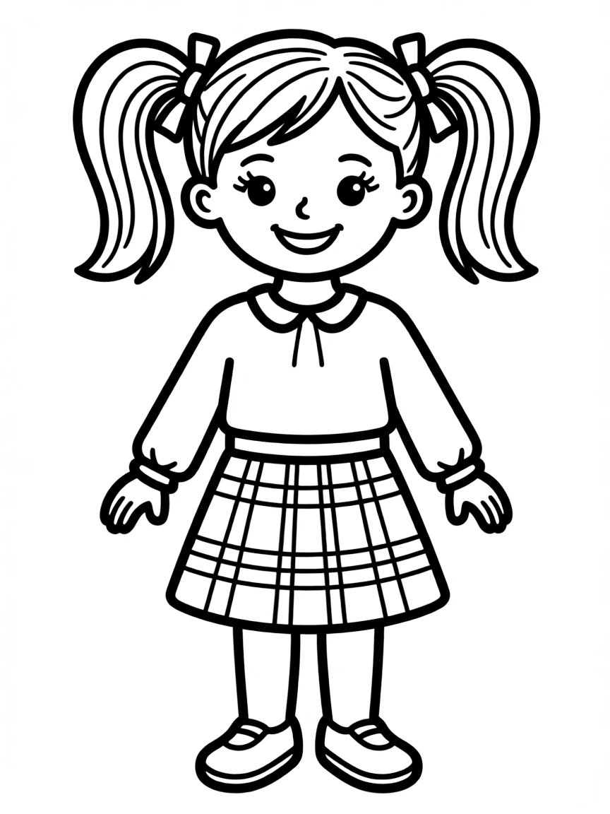 A Scottish girl with simple pigtails, wearing a plain tartan skirt.