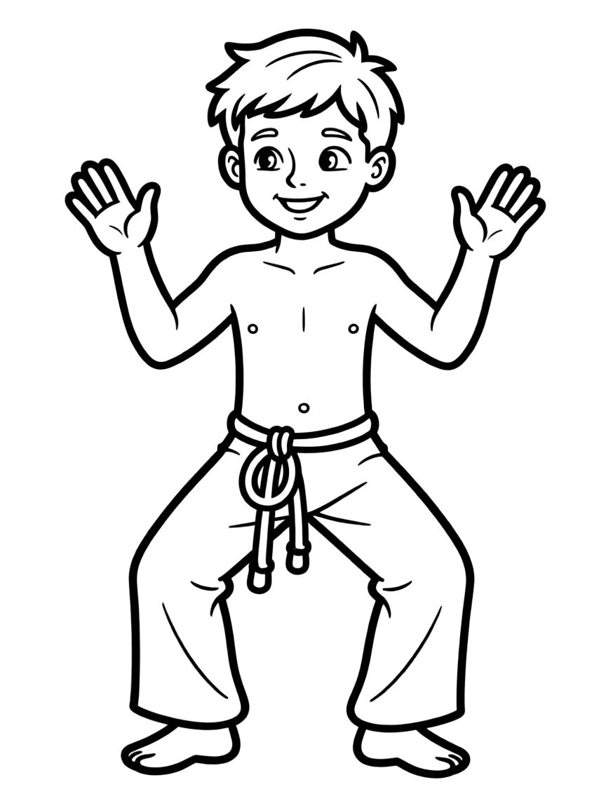 A Brazilian boy with short hair, wearing a simple capoeira pants.