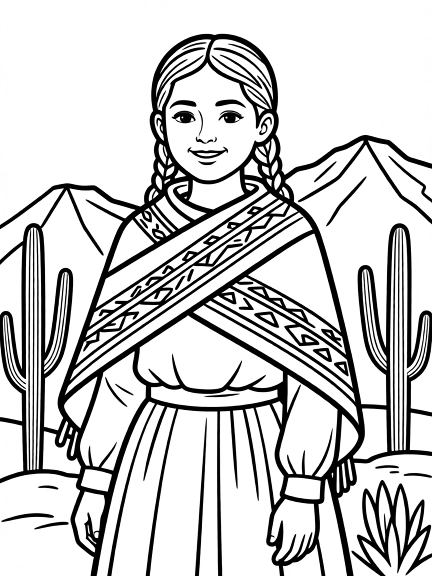 A Peruvian girl with braids, wearing a simple red woven shawl.