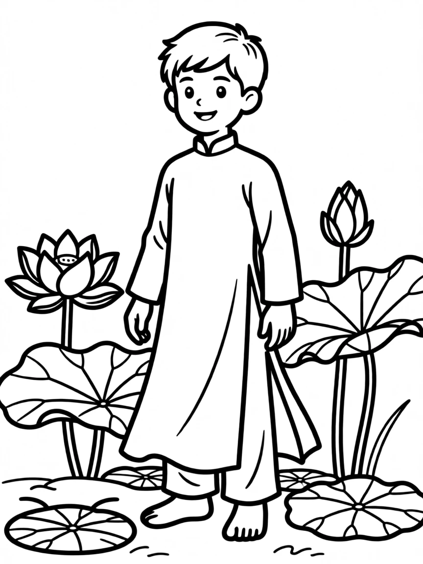 A Vietnamese boy with short hair, wearing a plain white ao dai.