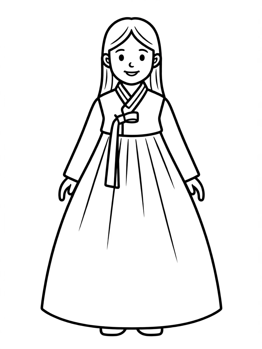 A Korean girl with simple straight hair, wearing a plain pink hanbok.