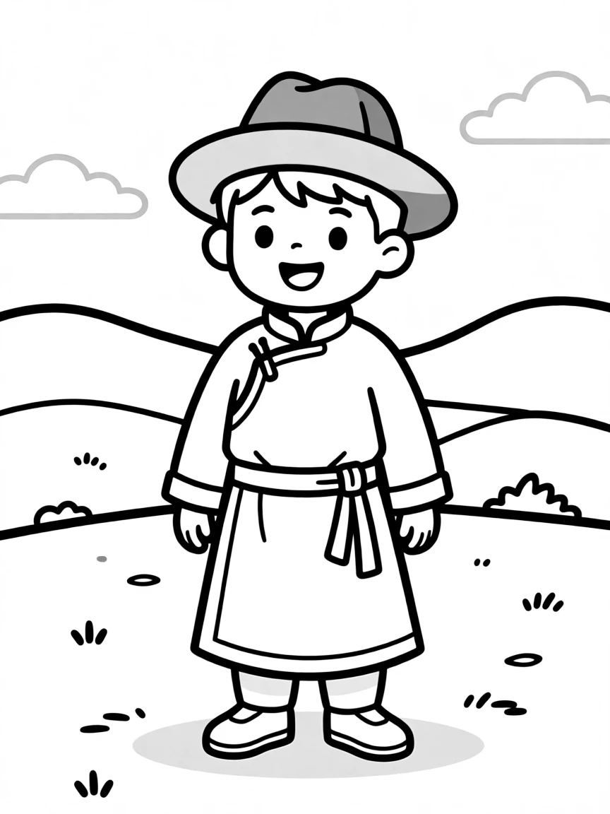 A Mongolian boy with short hair, wearing a simple brown felt hat.
