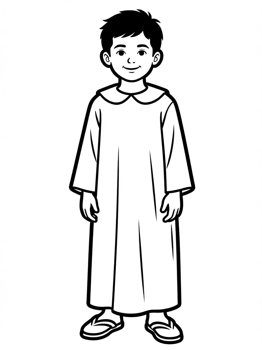 A Moroccan boy with short dark hair, wearing a plain green djellaba.