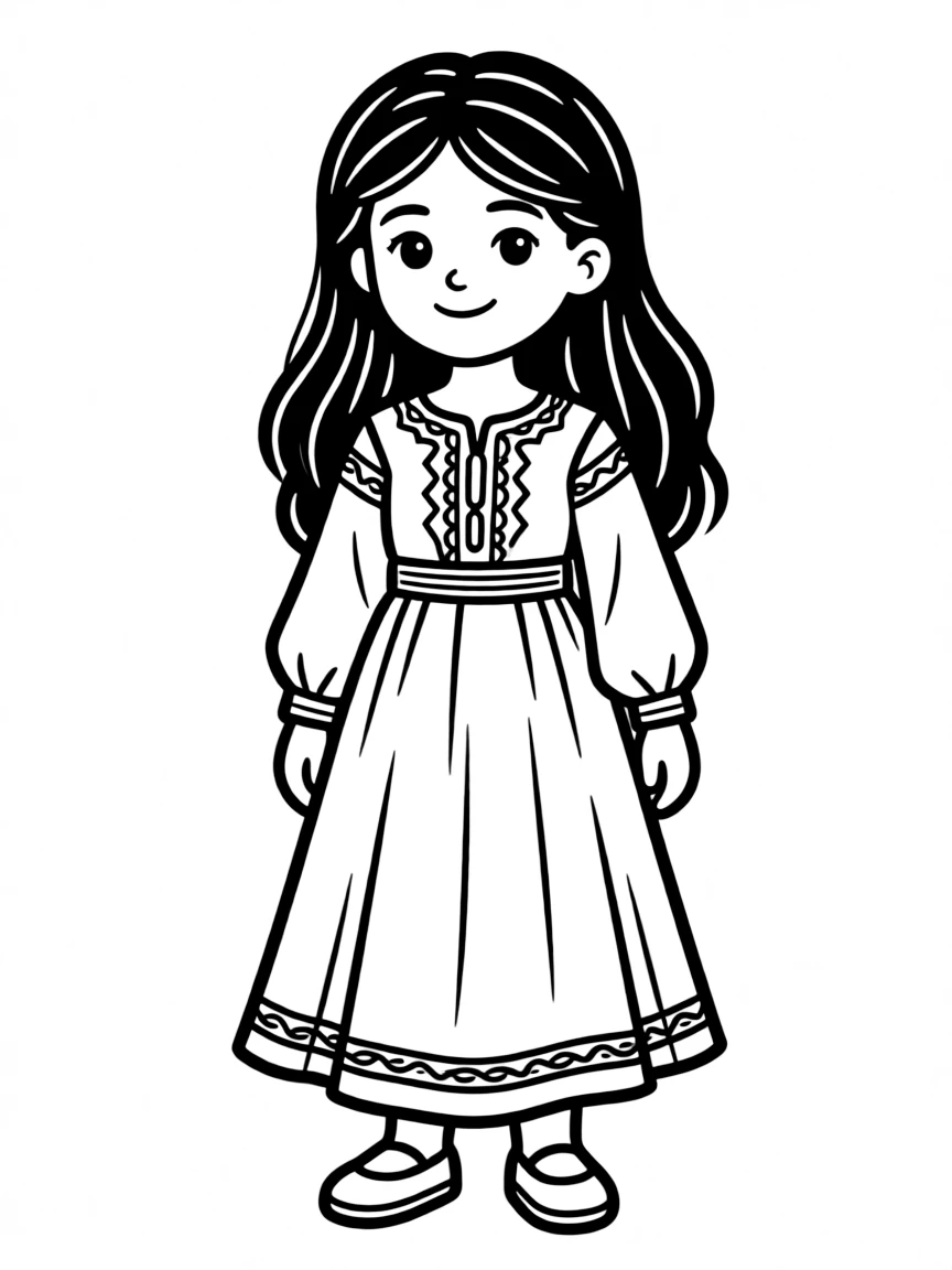 A Turkish girl with long dark hair, wearing a plain red traditional dress.