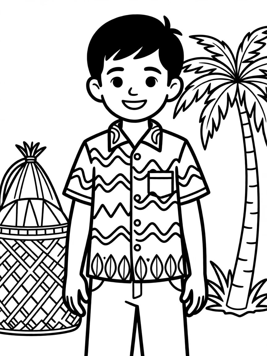 An Indonesian boy with short black hair, wearing a plain batik shirt.