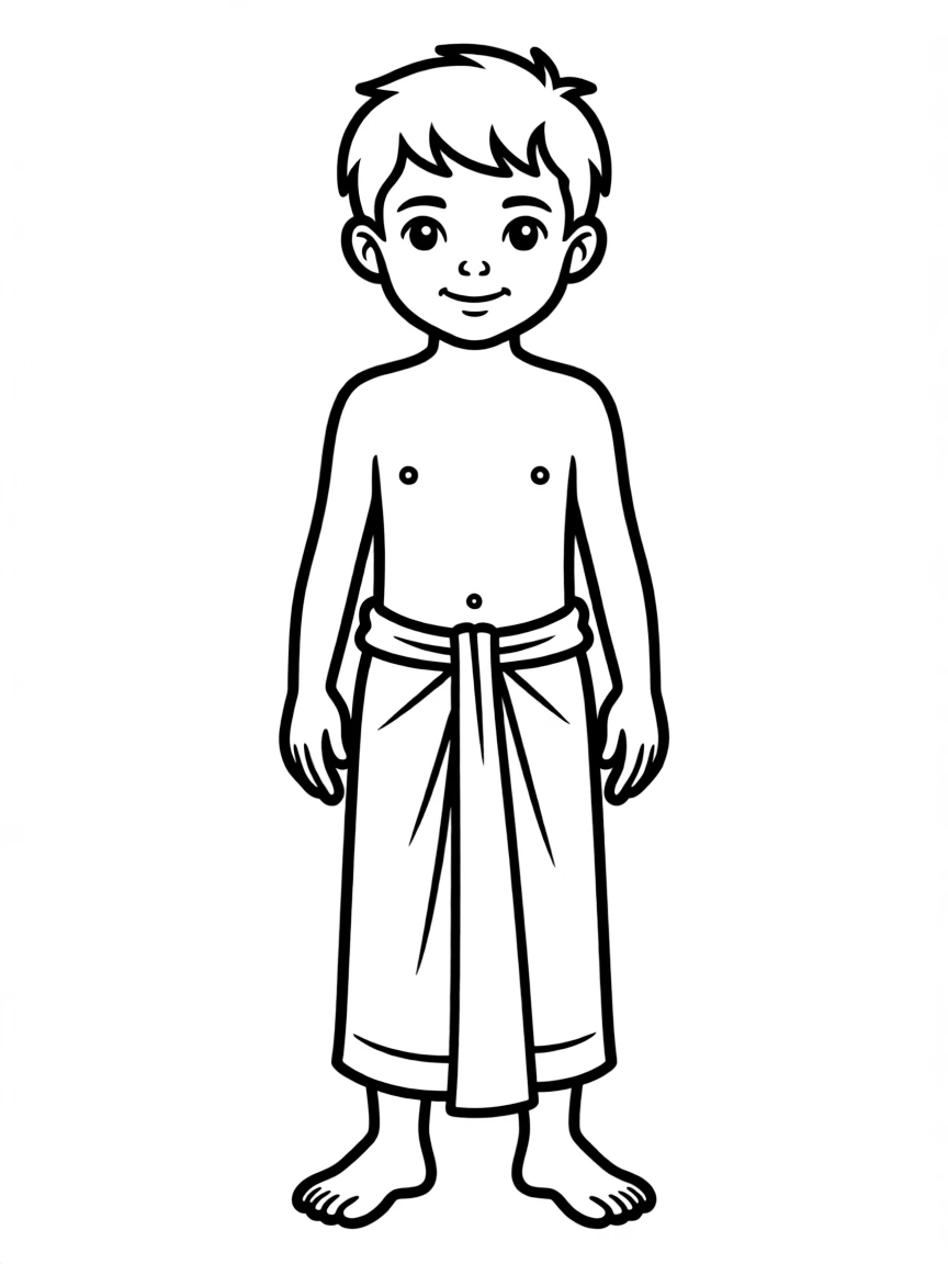 A Cambodian boy with short hair, wearing a plain orange sampot.