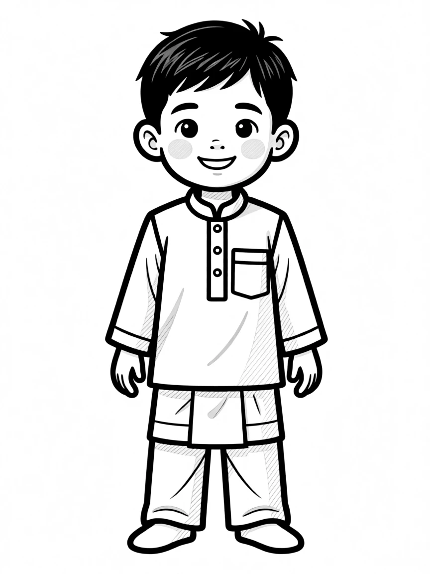 A Malaysian boy with short black hair, wearing a plain blue baju melayu.