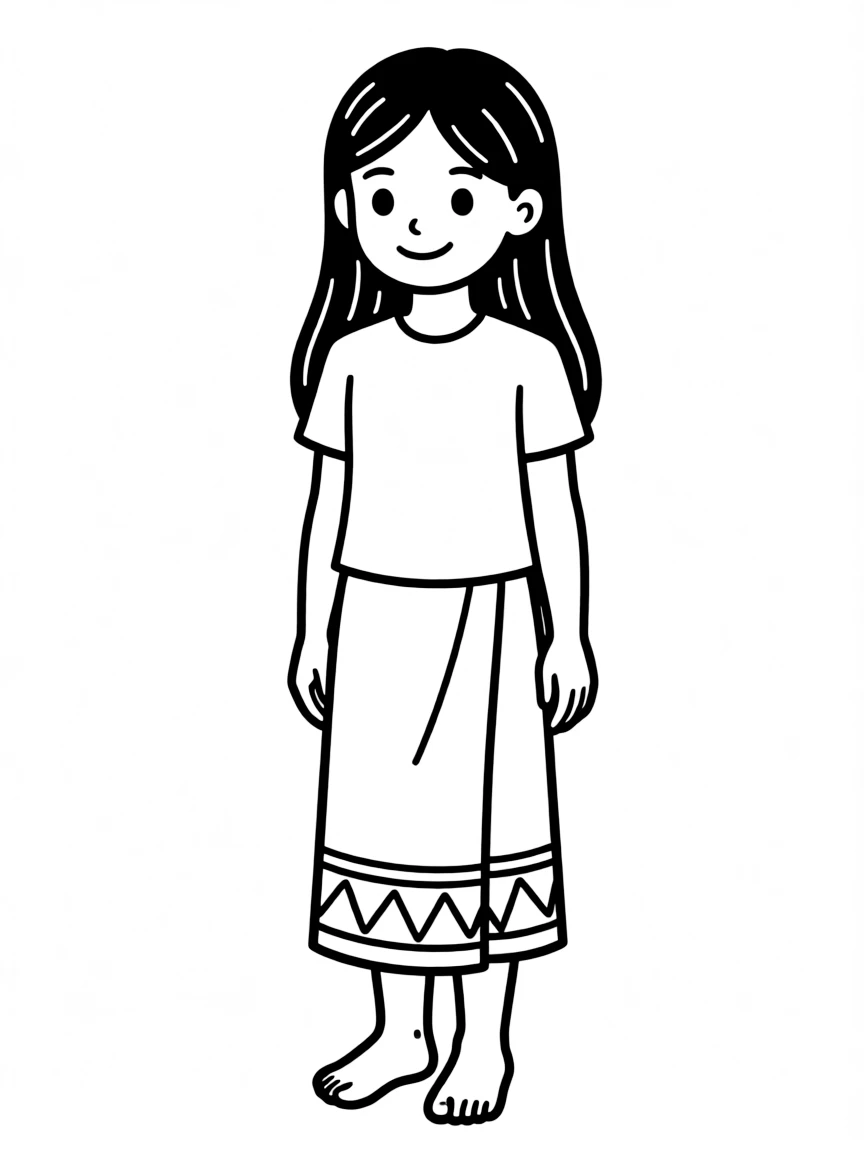 A Laotian girl with long black hair, wearing a plain red sinh.