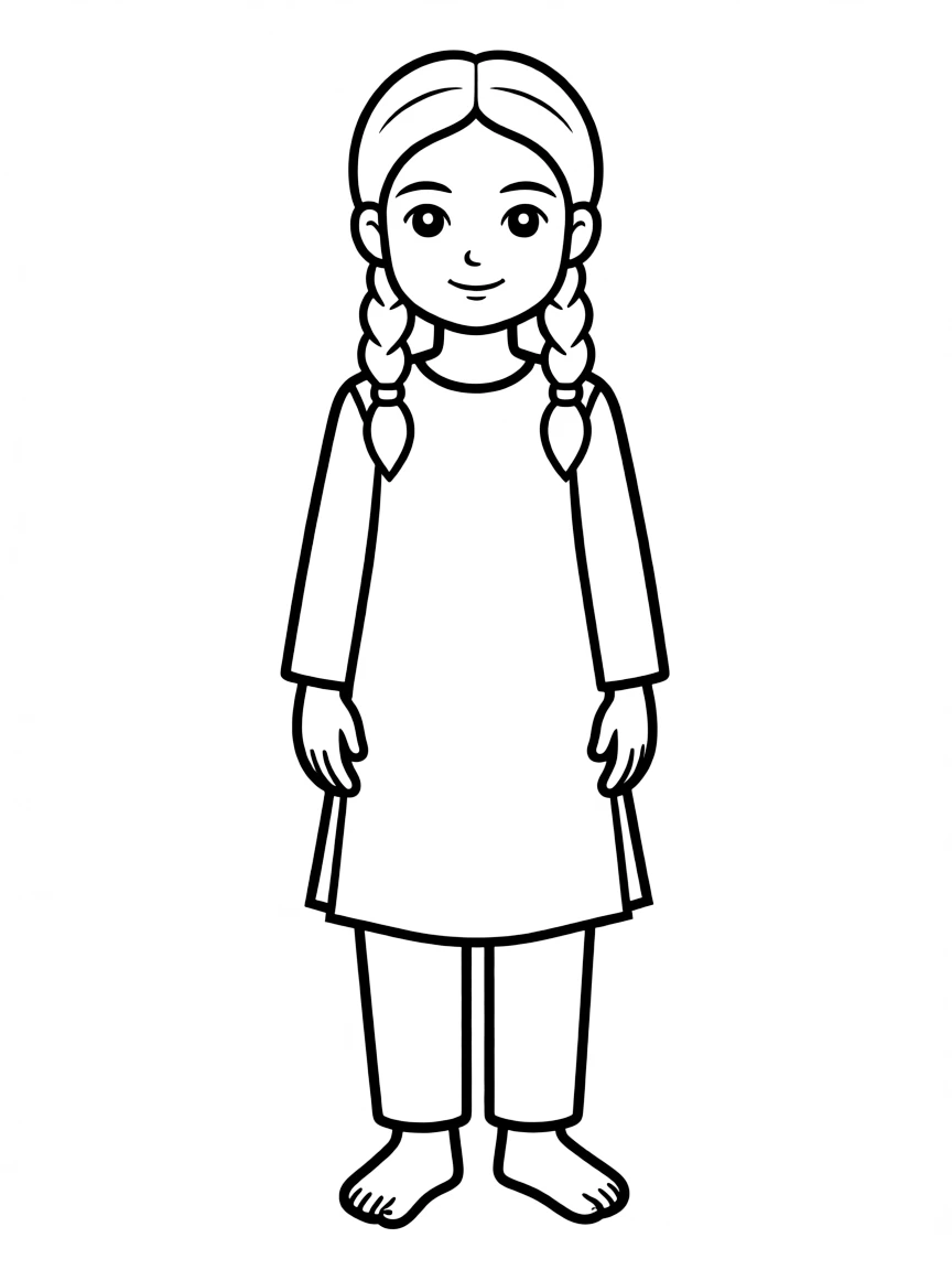A Nepalese girl with simple braids, wearing a plain red kurti.