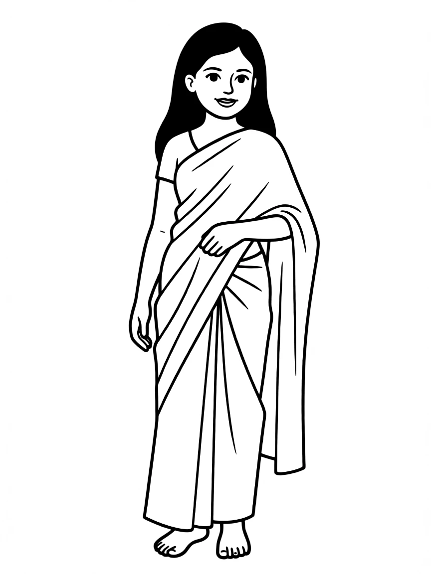 A Bangladeshi girl with long black hair, wearing a plain green sari.