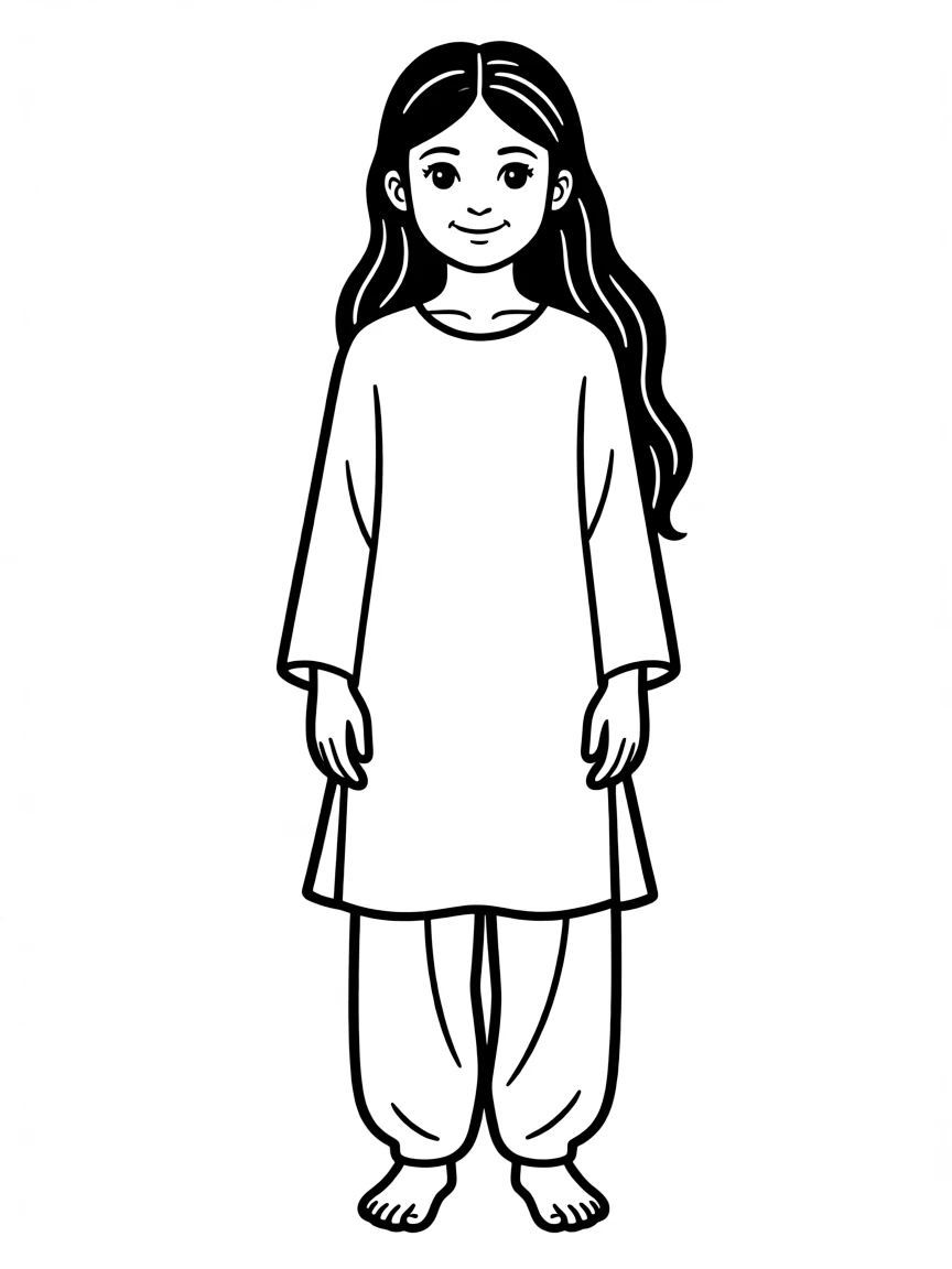 A Pakistani girl with long dark hair, wearing a plain pink shalwar kameez.