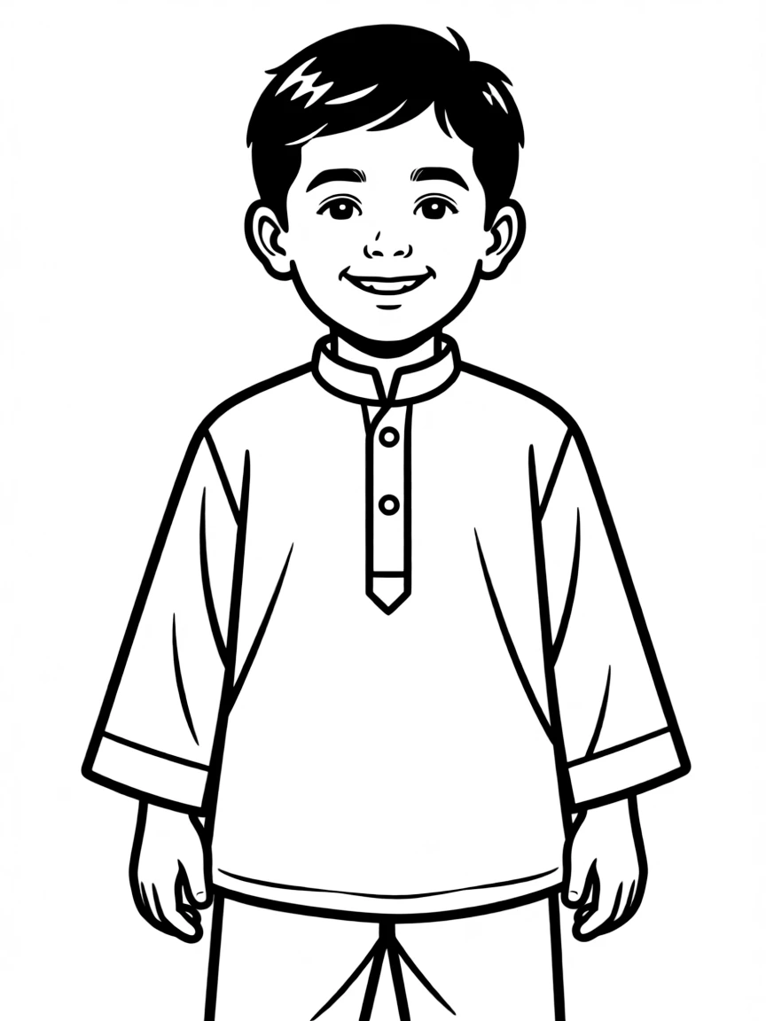 An Iranian boy with short dark hair, wearing a plain green traditional shirt.