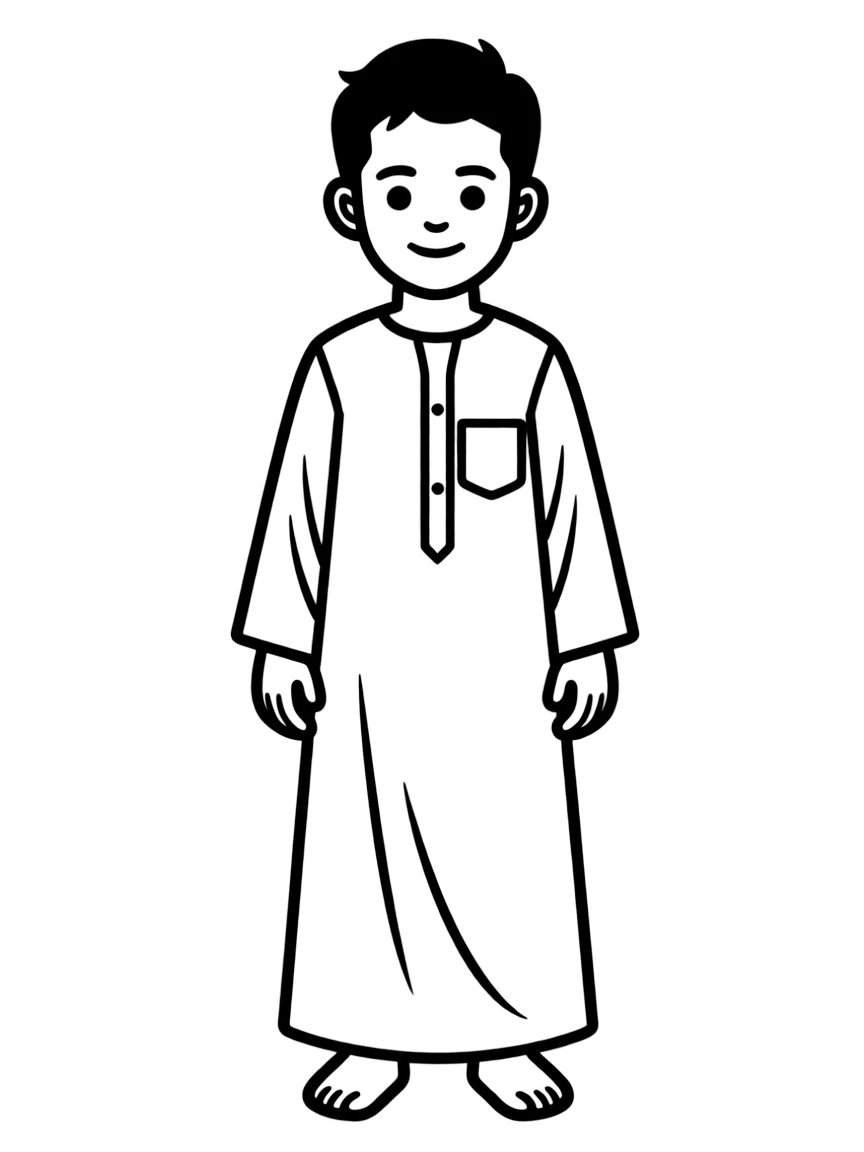 A Palestinian boy with short dark hair, wearing a plain white thobe.