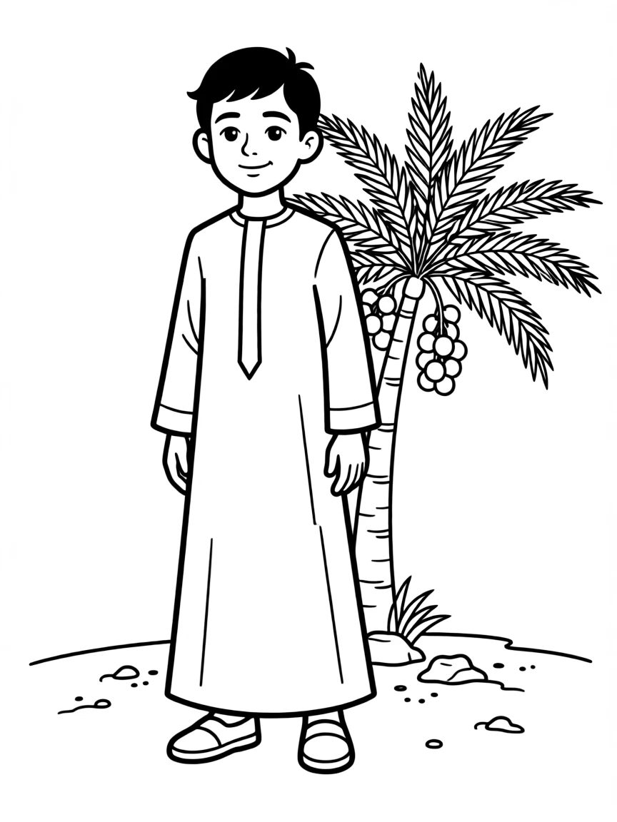 An Omani boy with short dark hair, wearing a plain white dishdasha.