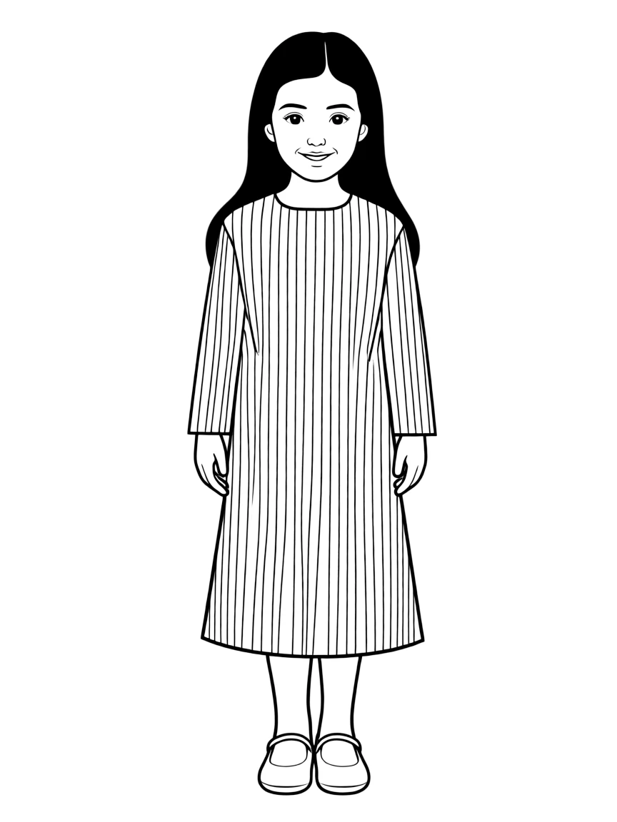 A Yemeni girl with long dark hair, wearing a plain striped dress.