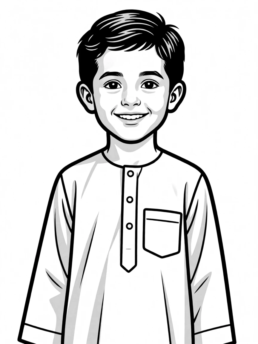 An Iraqi boy with short dark hair, wearing a plain blue traditional shirt.