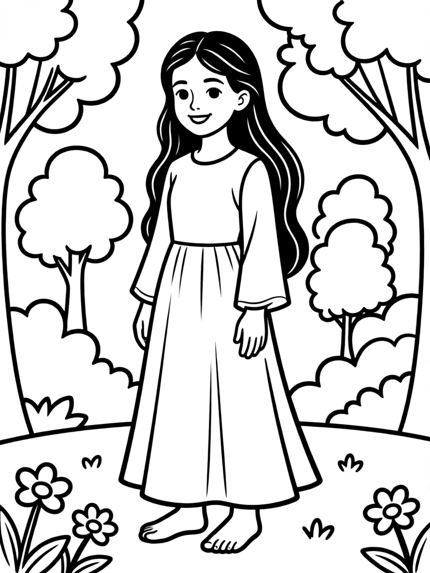 A Syrian girl with long dark hair, wearing a plain red traditional dress.