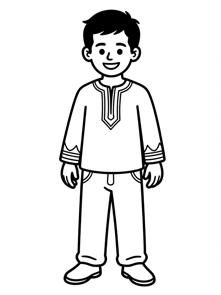 A Lebanese boy with short dark hair, wearing a plain green traditional shirt.