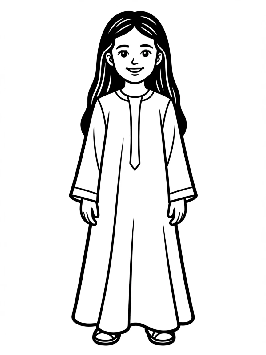 A Jordanian girl with long dark hair, wearing a plain black thobe.