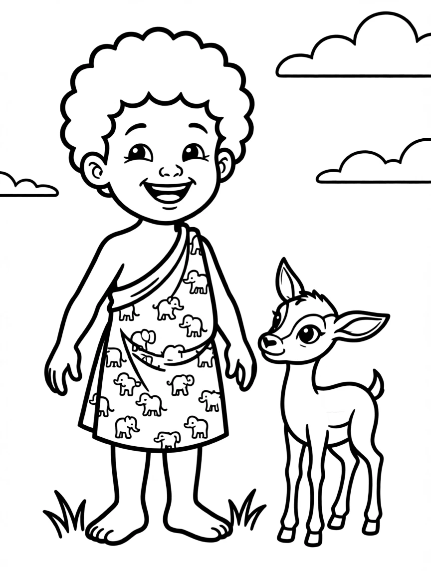 A happy African child, wearing a simple colorful cloth, with a small animal print.