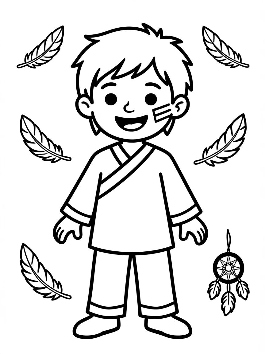 A cheerful Native American child, with a single painted stripe on their cheek.