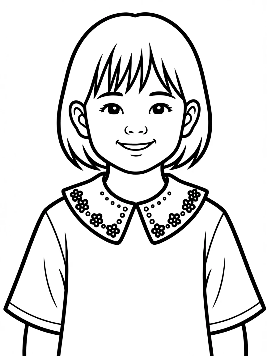 A smiling Chinese child, with a simple embroidered collar on their shirt.