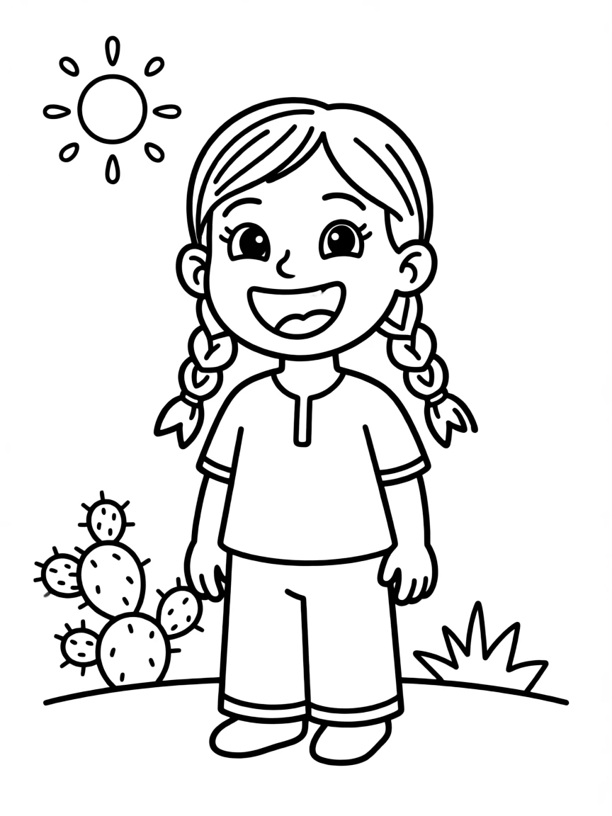 An excited Mexican child, with simple braids in their hair.
