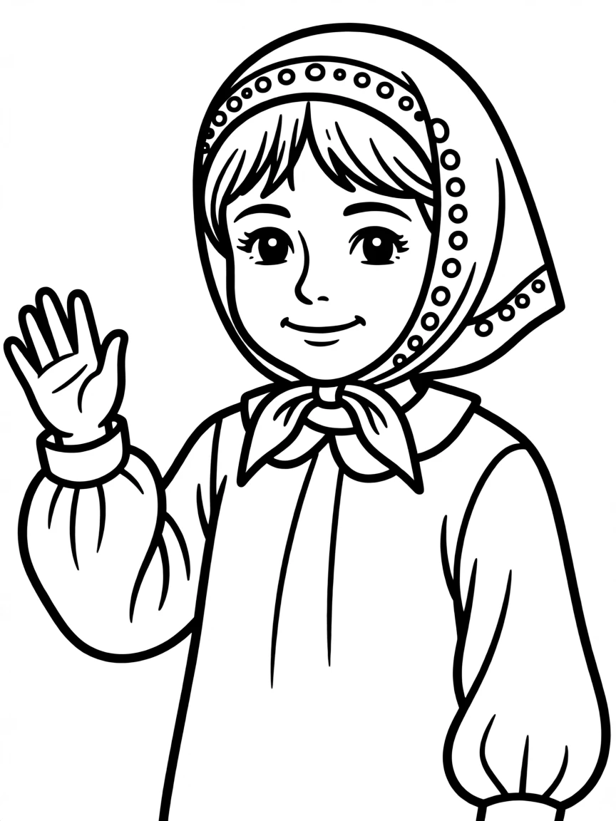 A Russian child, with a simple pattern on their headscarf.