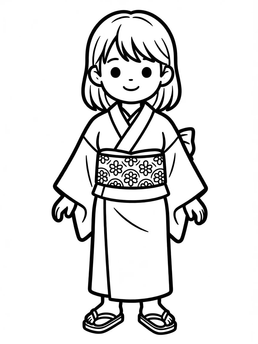 A Japanese child, with a simple patterned belt on their kimono.